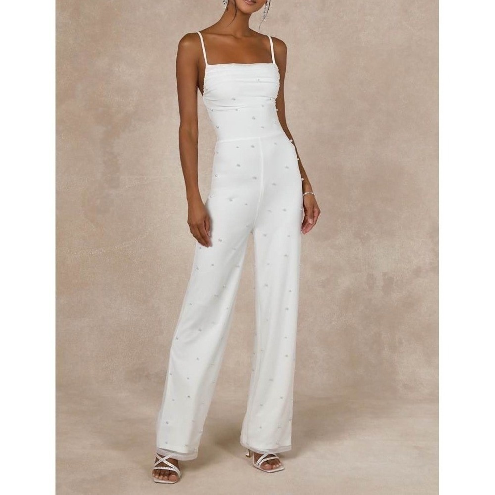 NWT Lulus Unbelievably Divine White Mesh Pearl Lace-Up Jumpsuit Medium